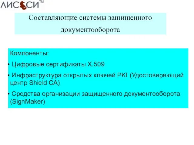 Составляющие системы защищенного документооборота Компоненты: Цифровые сертификаты X.509 Инфраструктура открытых ключей PKI