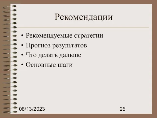 08/13/2023 Рекомендации Рекомендуемые стратегии Прогноз результатов Что делать дальше Основные шаги