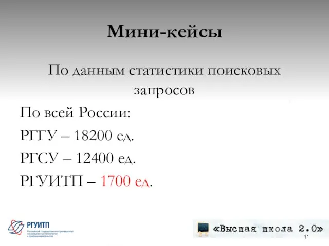 Мини-кейсы По данным статистики поисковых запросов По всей России: РГГУ – 18200