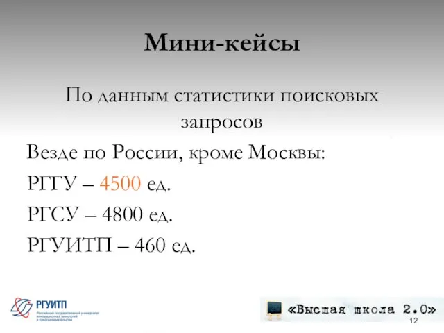 Мини-кейсы По данным статистики поисковых запросов Везде по России, кроме Москвы: РГГУ