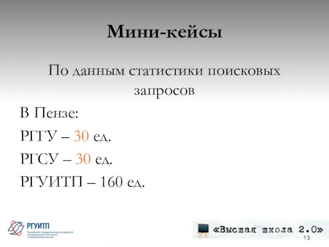 Мини-кейсы По данным статистики поисковых запросов В Пензе: РГГУ – 30 ед.