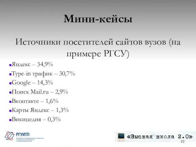 Мини-кейсы Источники посетителей сайтов вузов (на примере РГСУ) Яндекс – 34,9% Type-in