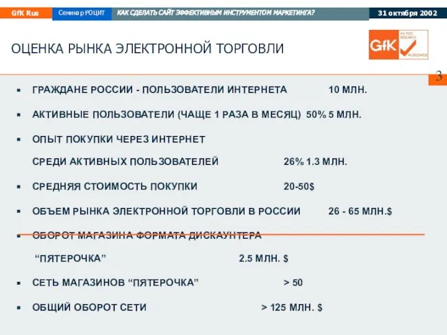 ОЦЕНКА РЫНКА ЭЛЕКТРОННОЙ ТОРГОВЛИ ГРАЖДАНЕ РОССИИ - ПОЛЬЗОВАТЕЛИ ИНТЕРНЕТА 10 МЛН. АКТИВНЫЕ