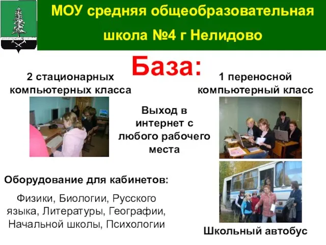 База: 2 стационарных компьютерных класса 1 переносной компьютерный класс Выход в интернет