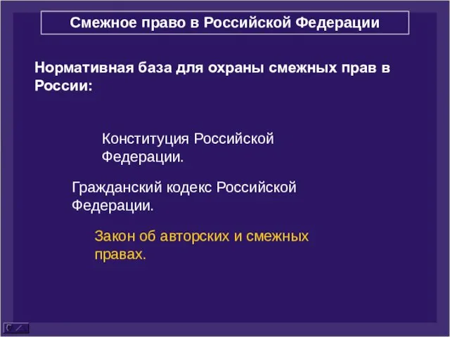 Нормативная база для охраны смежных прав в России: Конституция Российской Федерации. Гражданский