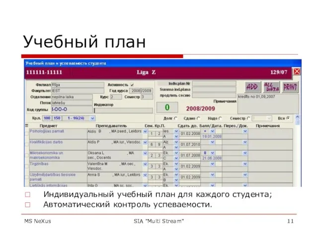 MS NeXus SIA "Multi Stream" Учебный план Индивидуальный учебный план для каждого студента; Автоматический контроль успеваемости.