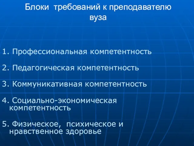 Блоки требований к преподавателю вуза 1. Профессиональная компетентность 2. Педагогическая компетентность 3.