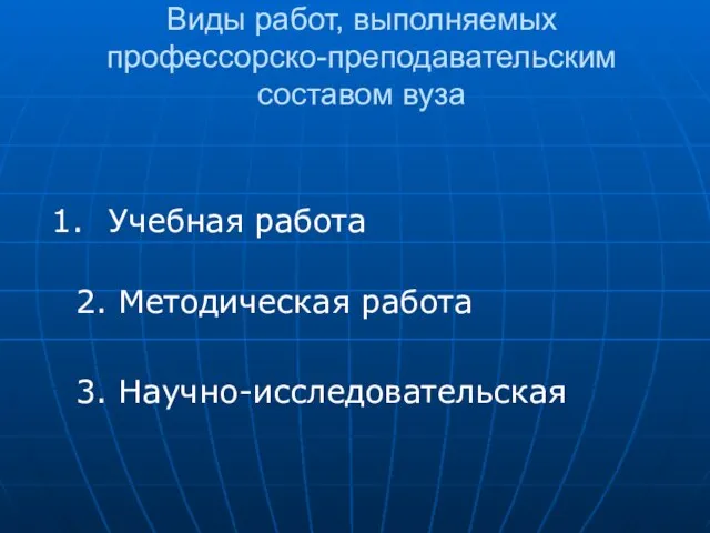 Виды работ, выполняемых профессорско-преподавательским составом вуза Учебная работа 2. Методическая работа 3. Научно-исследовательская