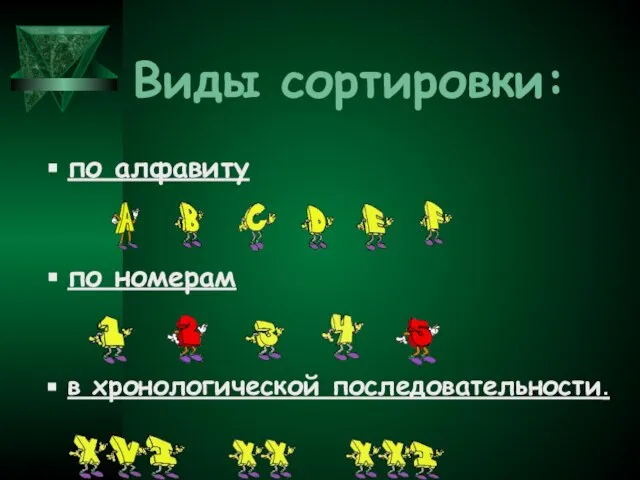 Виды сортировки: по алфавиту по номерам в хронологической последовательности.