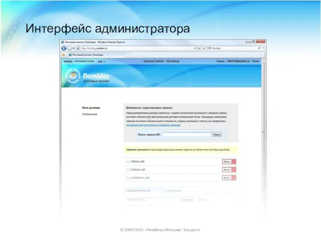 © 2009 ООО «Рамблер Интернет Холдинг» Интерфейс администратора