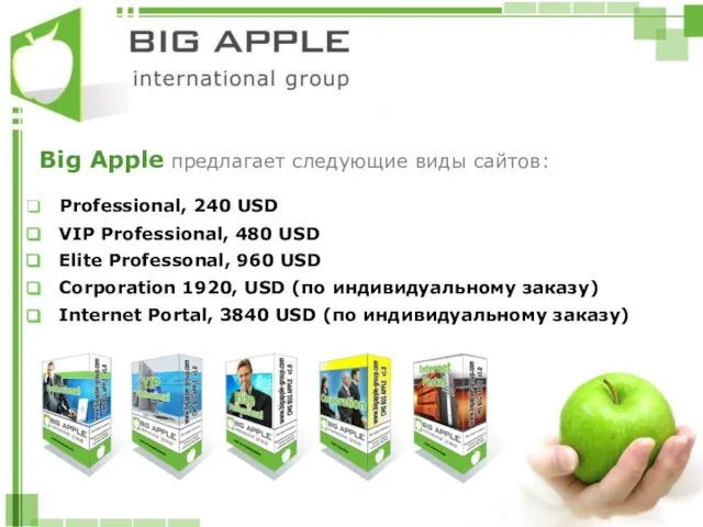 Big Apple предлагает следующие виды сайтов: Professional, 240 USD VIP Professional, 480