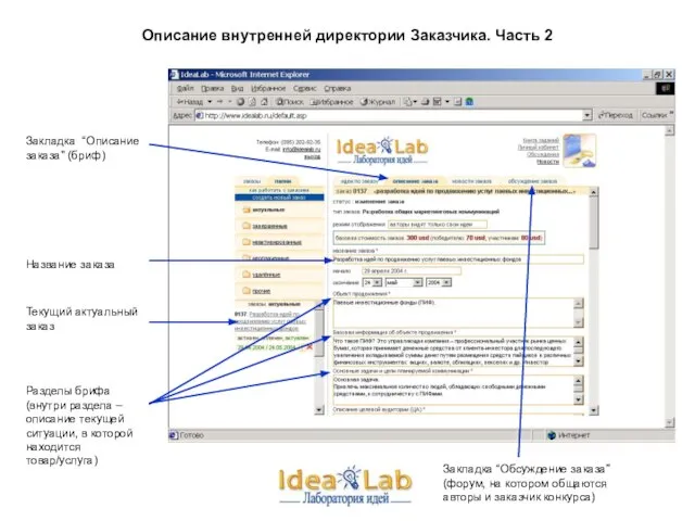 Описание внутренней директории Заказчика. Часть 2 Текущий актуальный заказ Название заказа Разделы