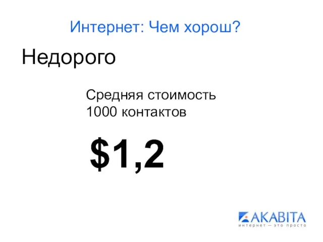 Интернет: Чем хорош? Недорого Средняя стоимость 1000 контактов $1,2