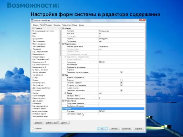 ООО "Система" Настройка форм системы в редакторе содержания Возможности: