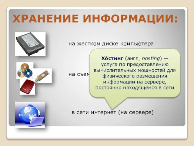 ХРАНЕНИЕ ИНФОРМАЦИИ: на жестком диске компьютера на съемных носителях в сети интернет