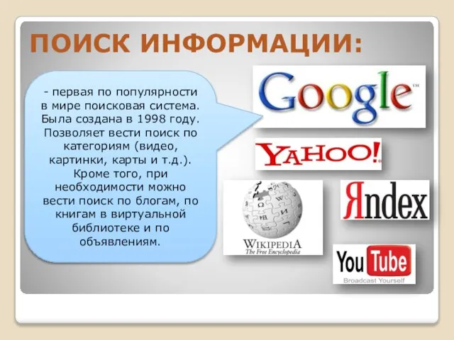 В СЕТИ ИНТЕРНЕТ осуществляется с использованием программных поисковых сервисов ПОИСК ИНФОРМАЦИИ: -