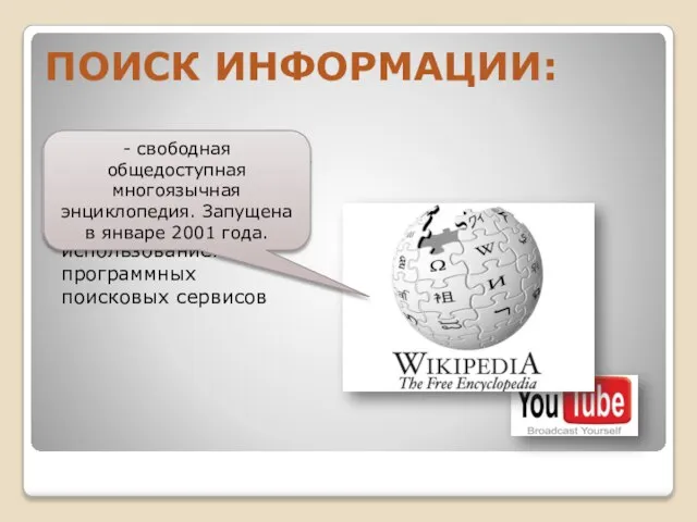 В СЕТИ ИНТЕРНЕТ осуществляется с использованием программных поисковых сервисов ПОИСК ИНФОРМАЦИИ: -