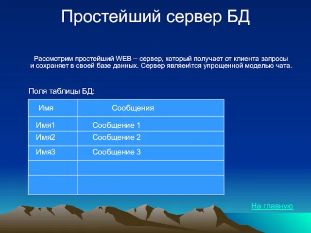 Простейший сервер БД Рассмотрим простейший WEB – сервер, который получает от клиента