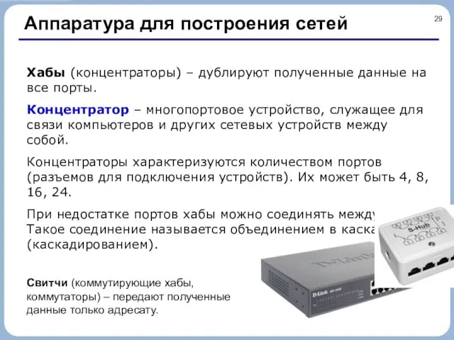 Аппаратура для построения сетей Хабы (концентраторы) – дублируют полученные данные на все