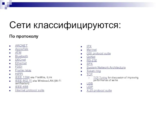 Сети классифицируются: По протоколу ARCNET AppleTalk ATM Bluetooth DECnet Ethernet FDDI Frame