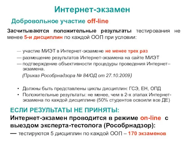 Интернет-экзамен — участие МИЭТ в Интернет-экзамене не менее трех раз — размещение