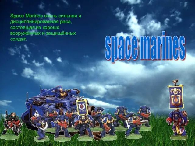 space marines Space Marines очень сильная и дисциплинированная раса, состоящая из хорошо вооружённых и защищённых солдат.