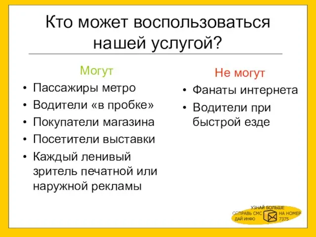 Кто может воспользоваться нашей услугой? Могут Пассажиры метро Водители «в пробке» Покупатели