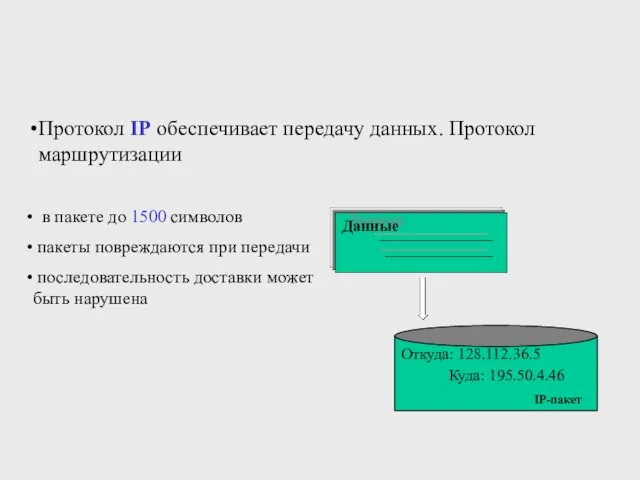 Протокол IP обеспечивает передачу данных. Протокол маршрутизации в пакете до 1500 символов