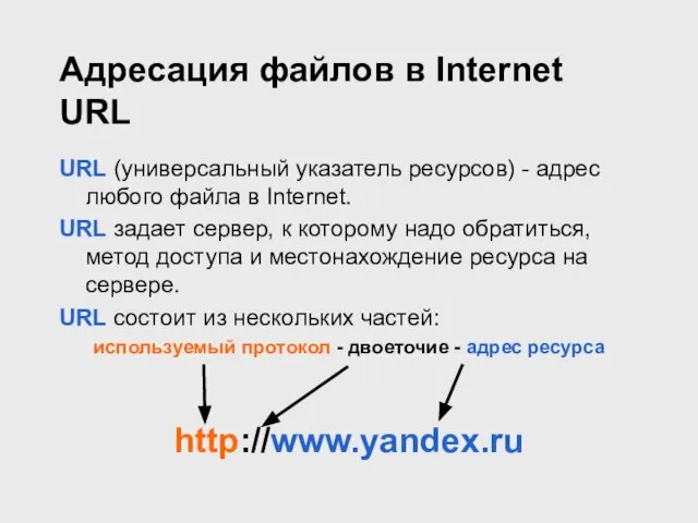 Адресация файлов в Internet URL URL (универсальный указатель ресурсов) - адрес любого