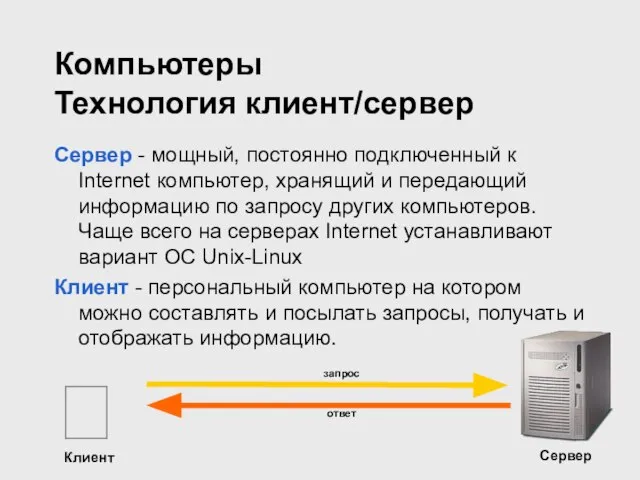 Компьютеры Технология клиент/сервер Сервер - мощный, постоянно подключенный к Internet компьютер, хранящий