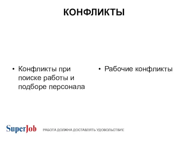 КОНФЛИКТЫ Конфликты при поиске работы и подборе персонала Рабочие конфликты РАБОТА ДОЛЖНА ДОСТАВЛЯТЬ УДОВОЛЬСТВИЕ