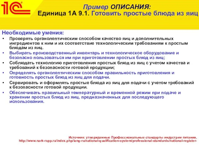 Пример ОПИСАНИЯ: Единица 1А 9.1. Готовить простые блюда из яиц Необходимые умения: