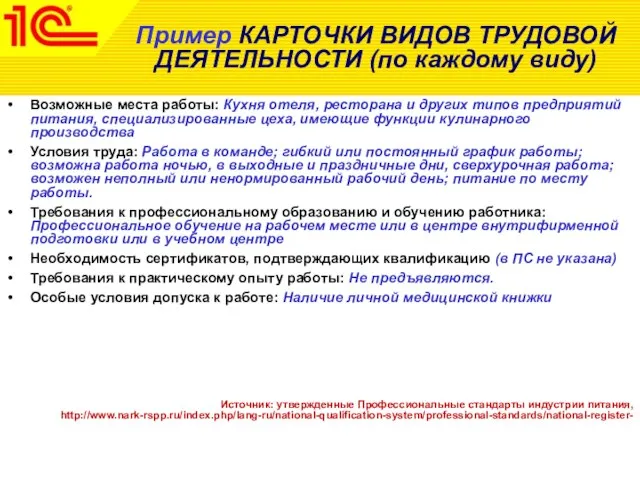 Пример КАРТОЧКИ ВИДОВ ТРУДОВОЙ ДЕЯТЕЛЬНОСТИ (по каждому виду) Возможные места работы: Кухня