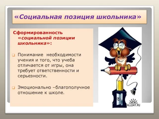 «Социальная позиция школьника» Сформированность «социальной позиции школьника»: Понимание необходимости учения и того,