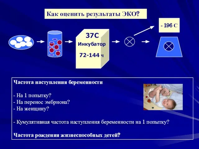 37С 72-144 ч Инкубатор Как оценить результаты ЭКО? Частота наступления беременности -