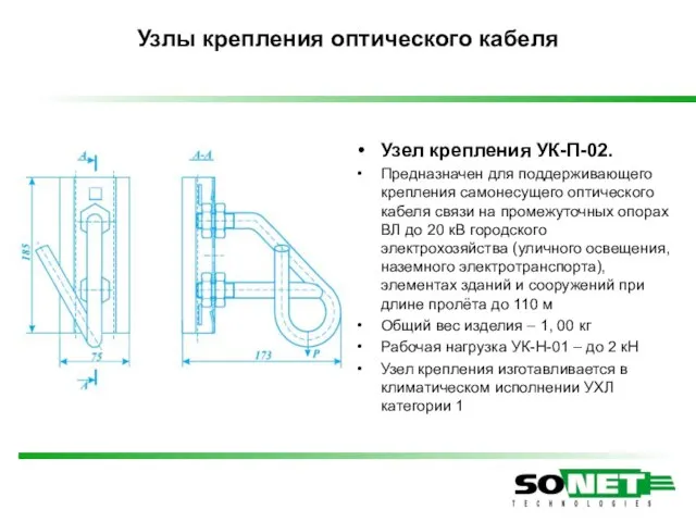 Узел крепления УК-П-02. Предназначен для поддерживающего крепления самонесущего оптического кабеля связи на