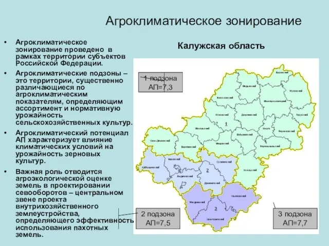 Агроклиматическое зонирование Калужская область Агроклиматический потенциал АП характеризует влияние климатических условий на