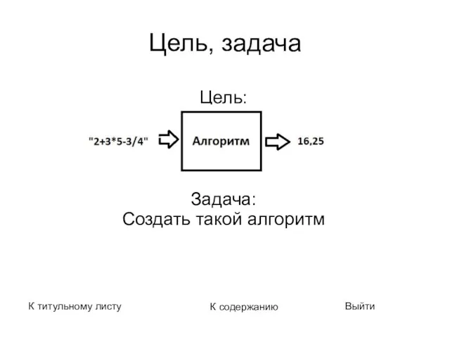 Цель, задачa Цель: Задачa: Создать такой алгоритм К титульному листу К содержанию Выйти