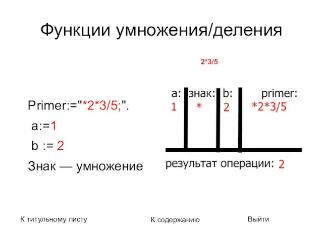 Функции умножения/деления Primer:="*2*3/5;". а:=1 b := 2 Знак — умножение К титульному