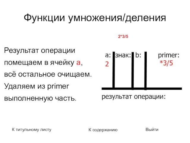 Функции умножения/деления Результат операции помещаем в ячейку а, всё остальное очищаем. Удаляем