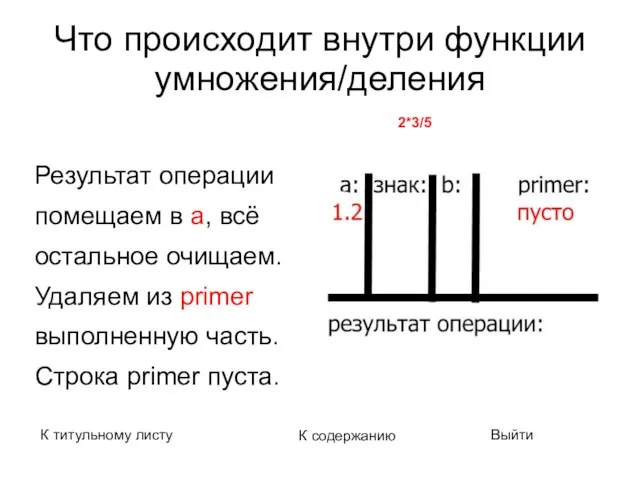 Что происходит внутри функции умножения/деления Результат операции помещаем в а, всё остальное