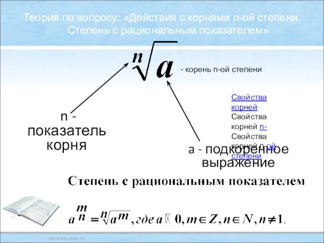 n - показатель корня a - подкоренное выражение Теория по вопросу: «Действия