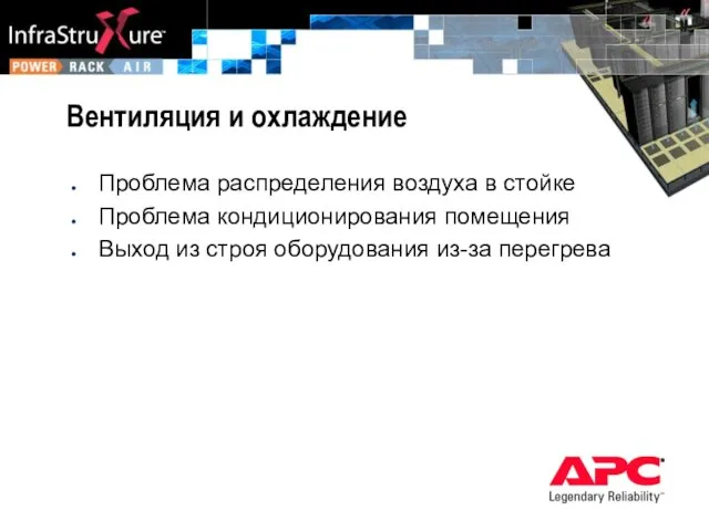 Вентиляция и охлаждение Проблема распределения воздуха в стойке Проблема кондиционирования помещения Выход