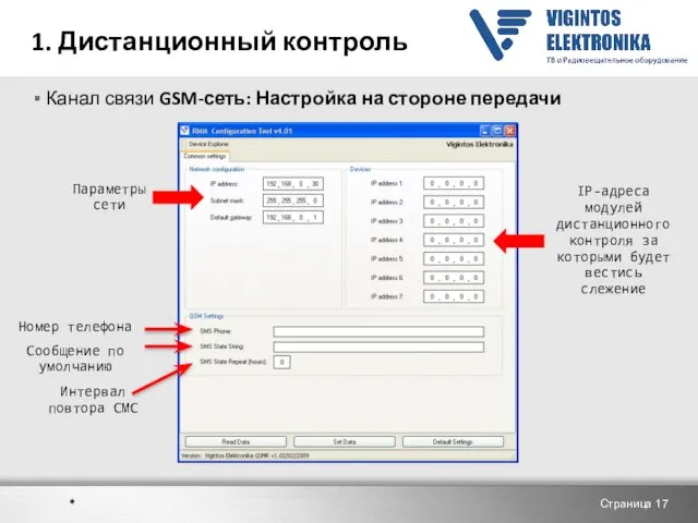 1. Дистанционный контроль Канал связи GSM-сеть: Настройка на стороне передачи Страница Параметры