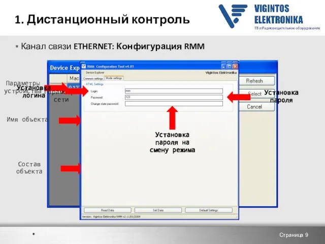 1. Дистанционный контроль Канал связи ETHERNET: Конфигурация RMM Страница Параметры устройства Параметры