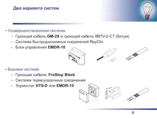 Два варианта систем Усовершенствованная система Греющий кабель GM-2X и греющий кабель 8BTV-2-CT