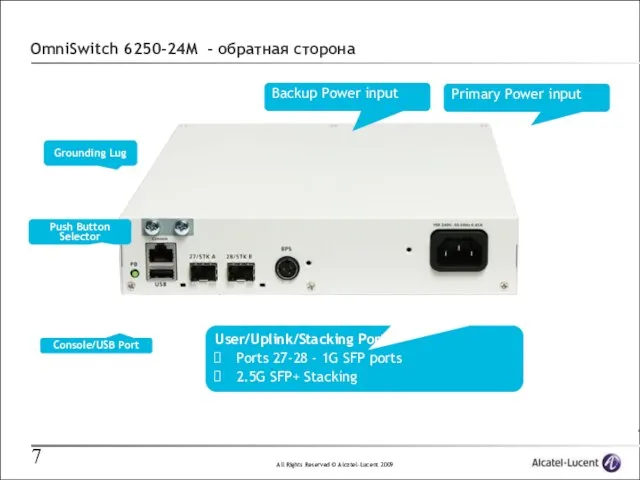 OmniSwitch 6250-24M - обратная сторона User/Uplink/Stacking Ports Ports 27-28 - 1G SFP