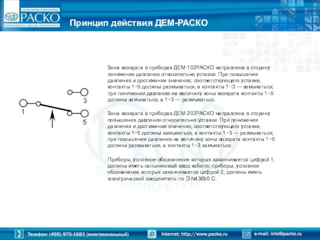 Принцип действия ДЕМ-РАСКО Зона возврата в приборах ДЕМ-102РАСКО направлена в сторону понижения