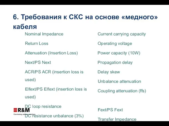 Nominal Impedance Return Loss Attenuation (Insertion Loss) Next/PS Next ACR/PS ACR (insertion