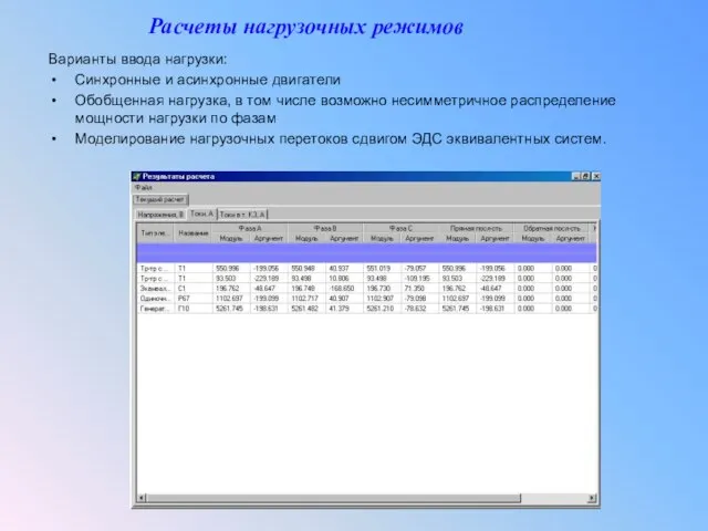 Расчеты нагрузочных режимов Варианты ввода нагрузки: Синхронные и асинхронные двигатели Обобщенная нагрузка,